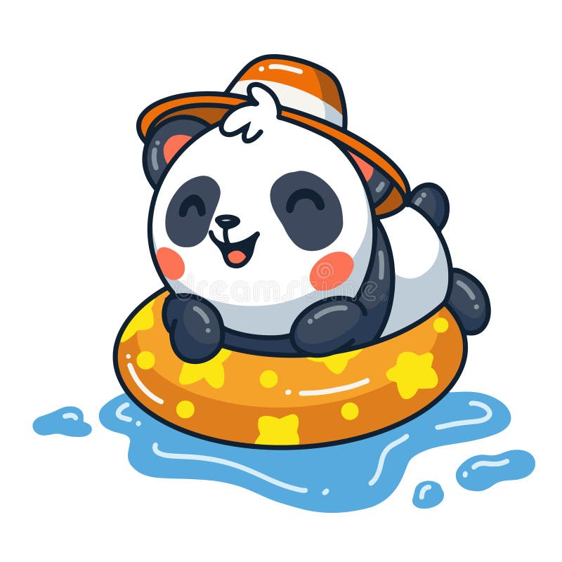 Cute Panda Cartoon Swimming on Pool Ring Inflatable Stock Vector