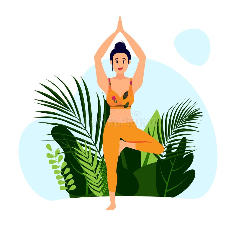 Practicing tree poses young lady practicing yoga outdoor stock illustration