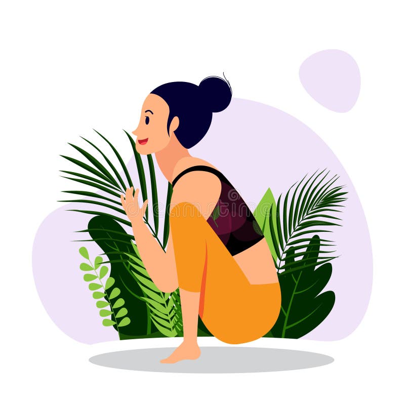 Young girl practicing seated yoga poses, Garland yoga poses, sitting yoga asana stock illustration