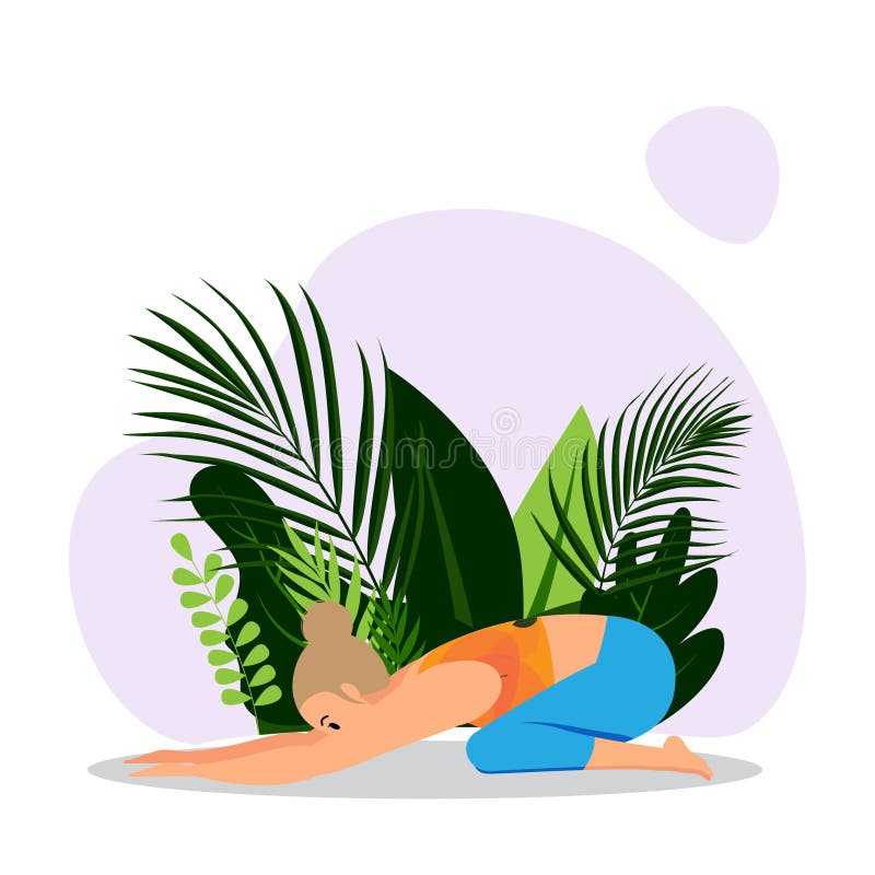 Young blunt hair lady practicing child pose. International yoga day vector vector illustration