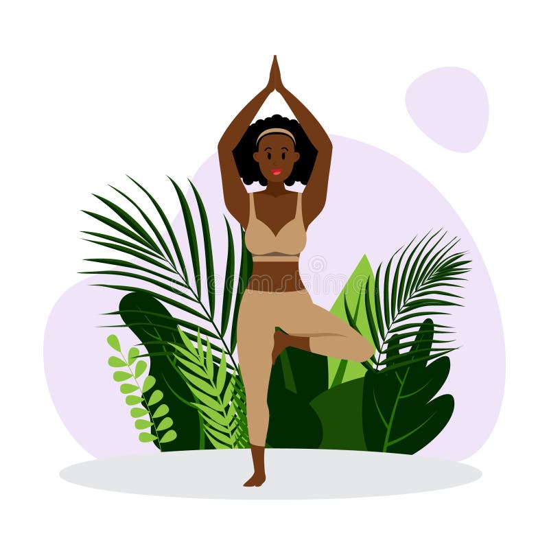 Young girl practicing standing yoga poses, trees pose, international yoga day vector vector illustration