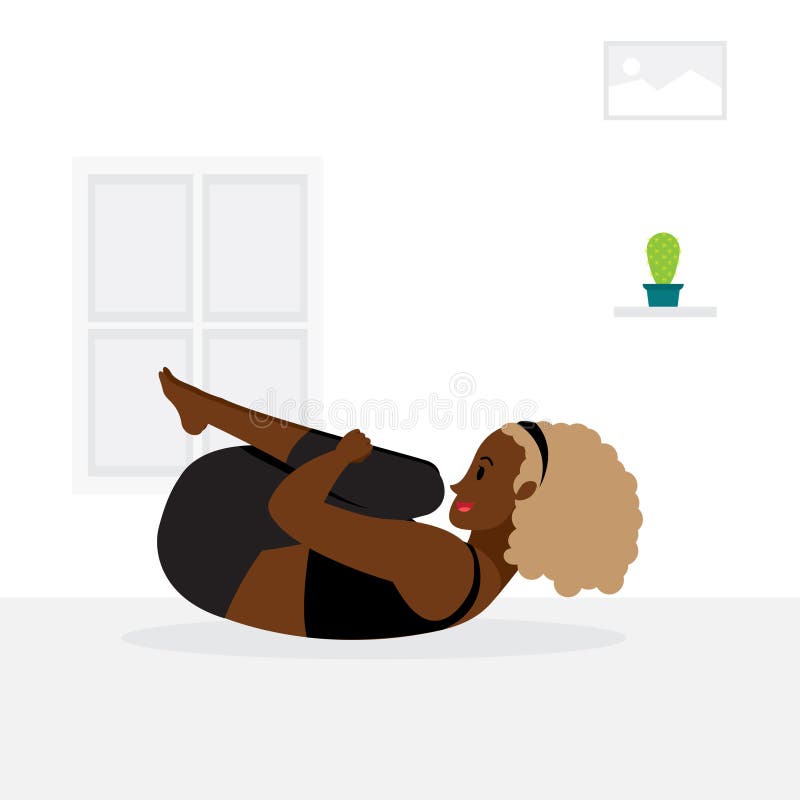 Young blunt hair lady practicing wind removing yoga asana vector illustration