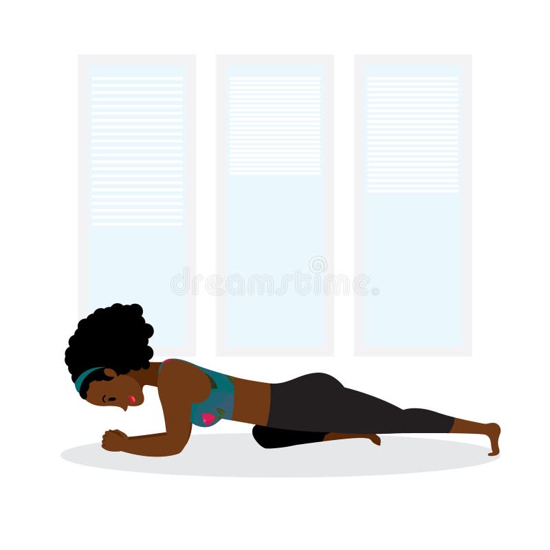 Young black lady practicing forearm plank, yoga asana, young girl in lemon green gym outfit practicing plank. stock illustration