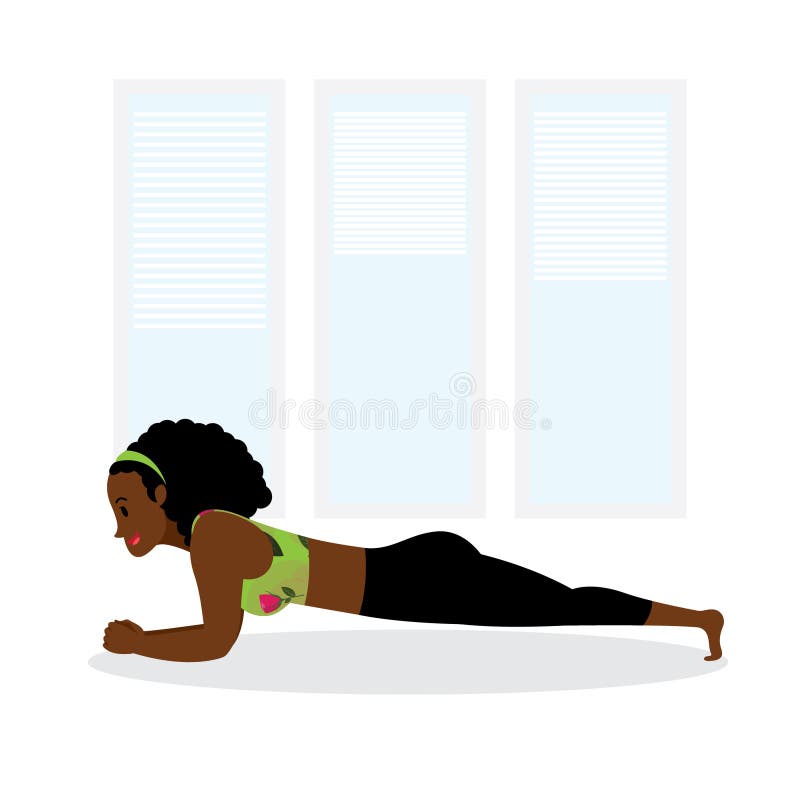 Young black lady practicing forearm plank, yoga asana, young girl in lemon green gym outfit practicing plank. vector illustration