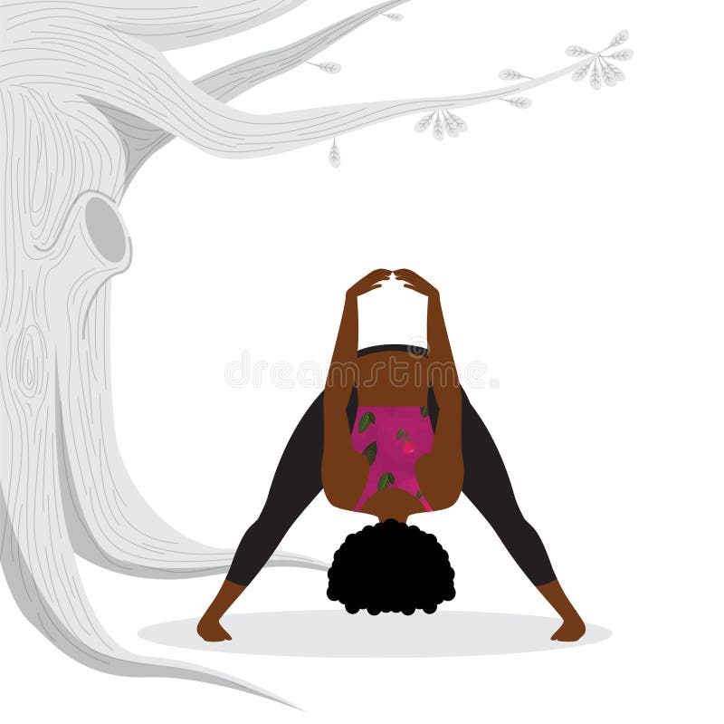 Young woman practicing forward bend yoga asana, the young blacklady in gym outfit practicing forward bend outdoor vector illustration