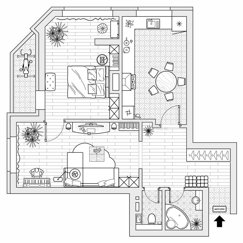 Planning of the apartment with arrangement furniture. Architectural drawing of the house top view. Vector royalty free illustration
