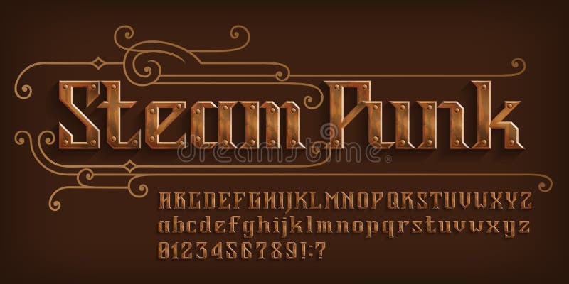 Steam Punk alphabet font. Rivet letters and numbers and symbols. Uppercase and lowercase. vector illustration