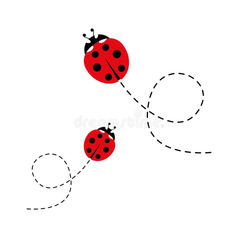 Cartoon ladybird icon. Ladybug flying on dotted route. Vector isolated on white background.
