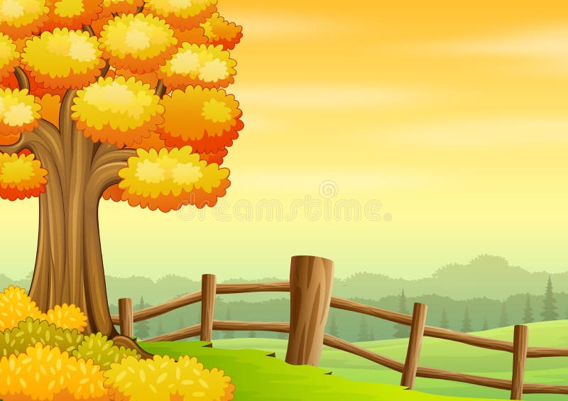 Autumn background with a yellow tree inside the fence