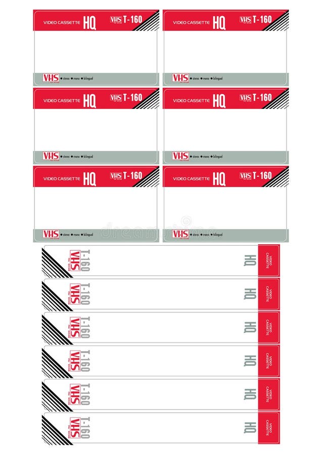 VHS format T-160 videotape stickers on the top cover and on the rib of the cassette. vector illustration
