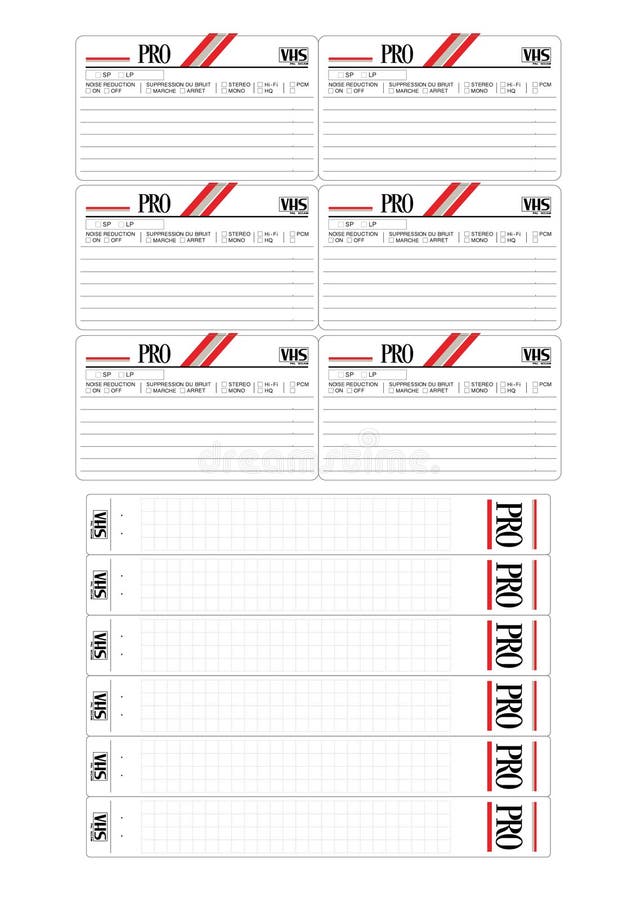 VHS format videotape stickers on the top cover and on the rib of the cassette. vector illustration