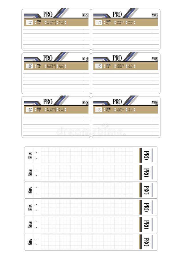 Stickers for vhs format videotapes on the top cover and on the rib of the cassette. vector illustration