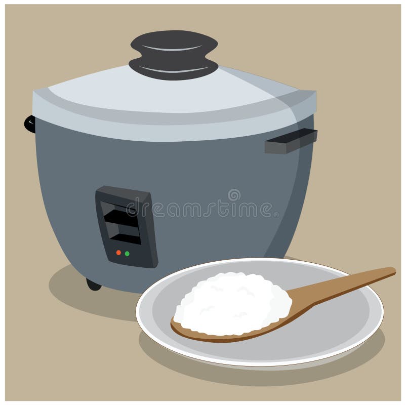 Illustration Vector Electric Rice Cooker with Plate and Rice on a White