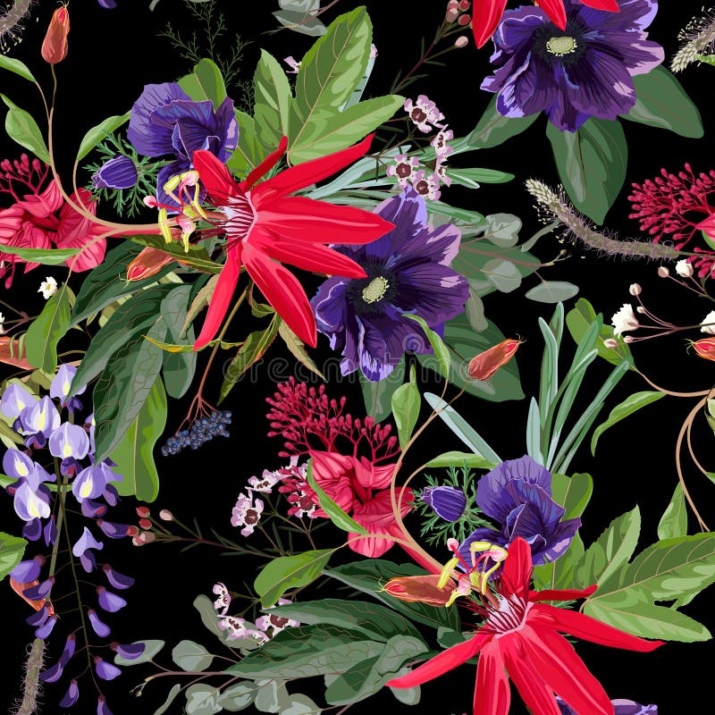 Nature seamless pattern. Hand drawn summer background: Red passion flower, herbs and violet anemones, wisteria flowers. royalty free illustration