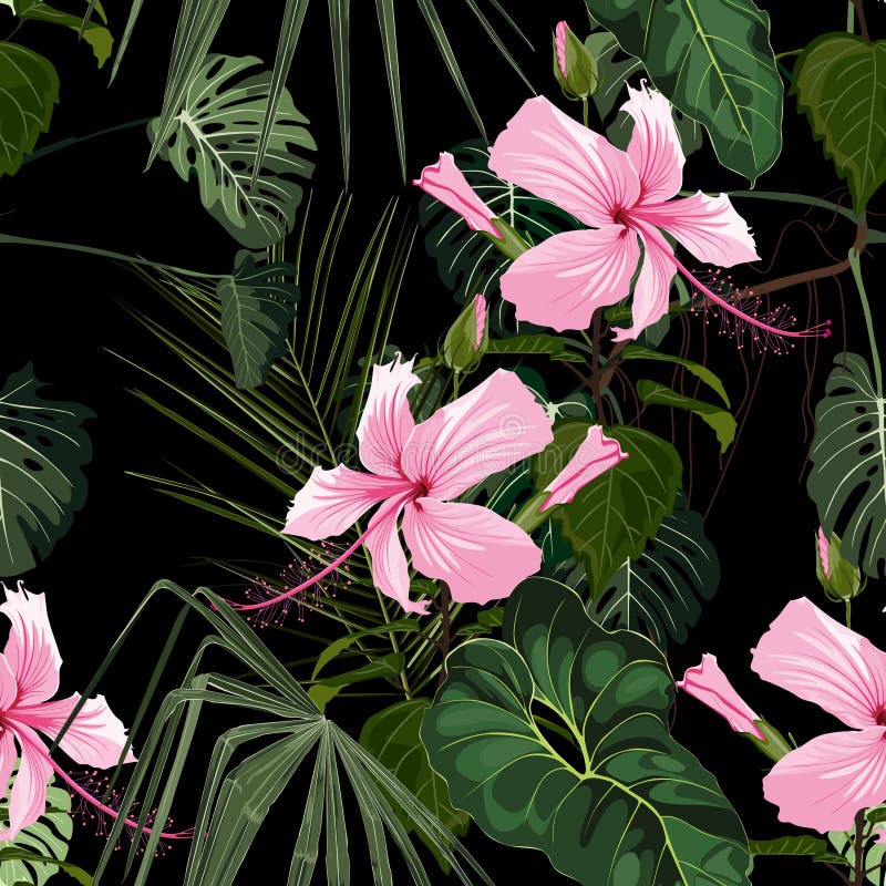 Pink hibiscus flower seamless pattern, buds and palm tropical leaves on black background. vector illustration