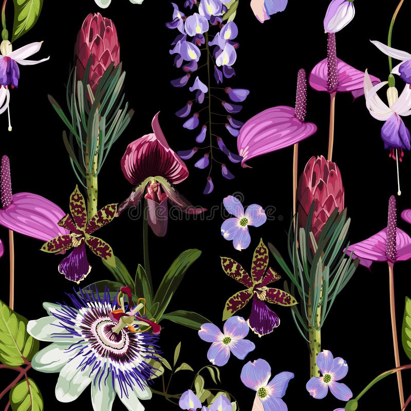 Violet tropical flower seamless pattern, buds and leaves on black background. vector illustration