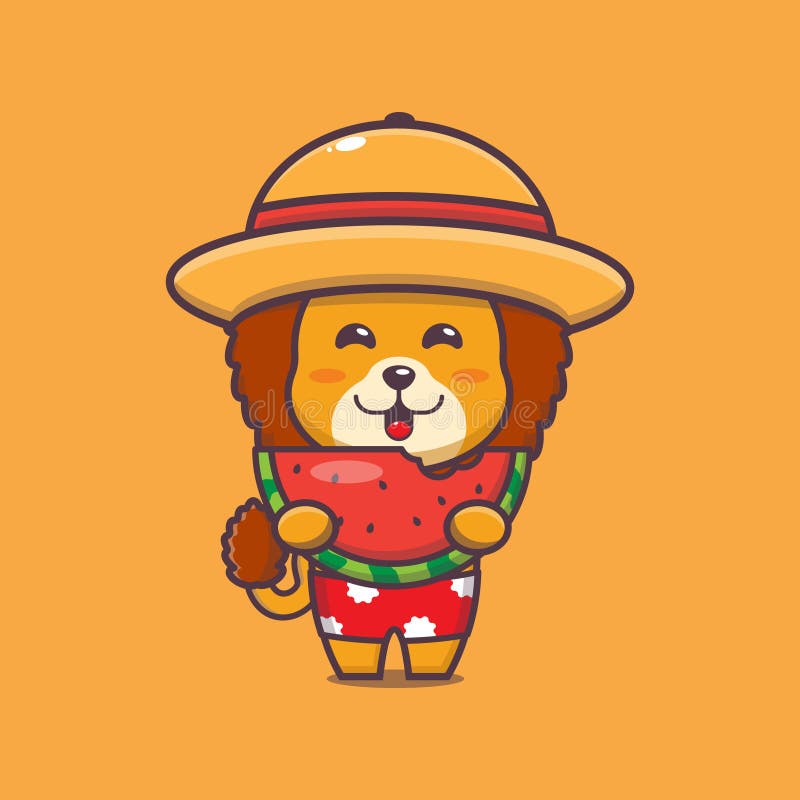 Cute lion eating watermelon in summer time stock illustration