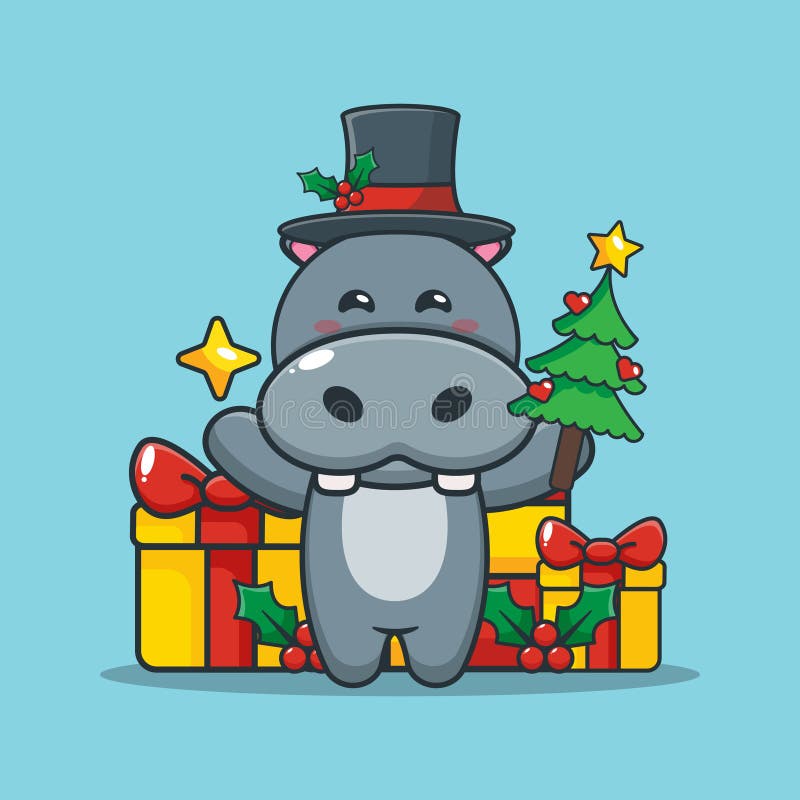 Cute Hippo Holding Star and Christmas Tree Stock Vector - Illustration