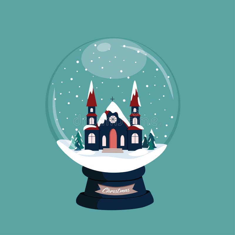 Snow globe / snow ball / christmas scene - navy church with red roof coverd in snow.