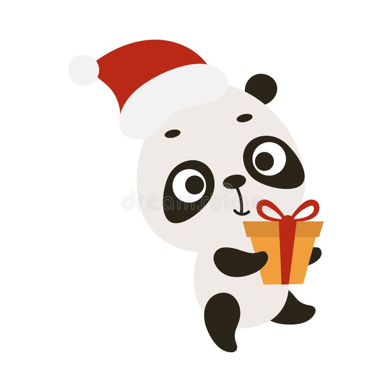 Cute Christmas Panda with Gift on White Background. Cartoon Animal ...