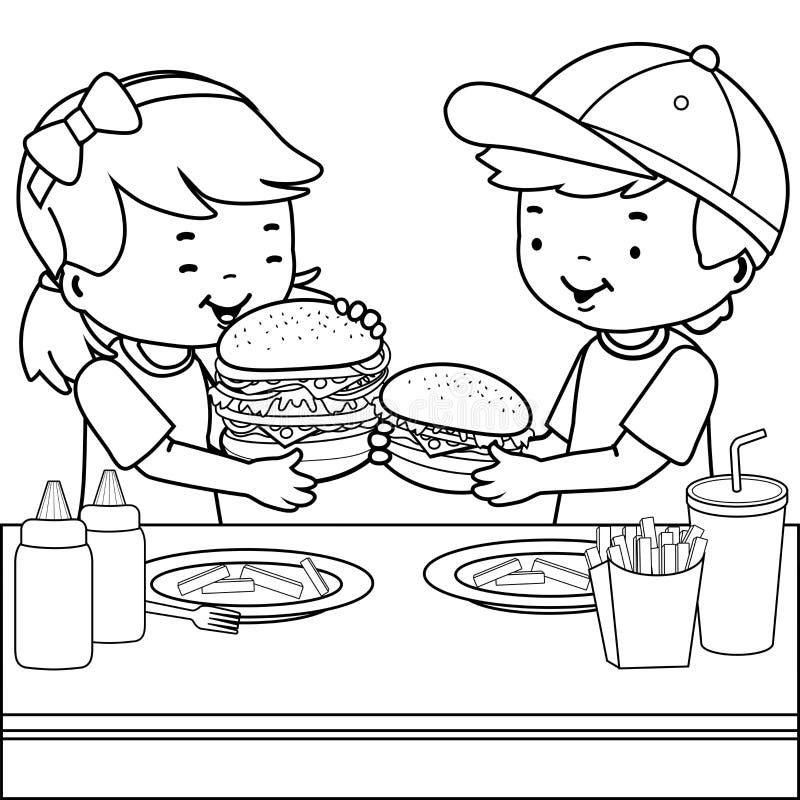Children at a Restaurant Eating Hamburgers. Vector Black and White ...