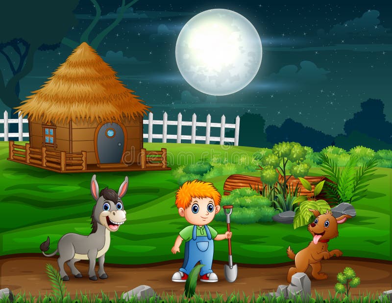 Cartoon of Young Farmer Working at Night Stock Vector Illustration of