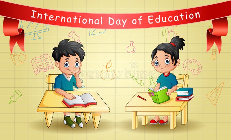 International Education Day with smart kids learning royalty free illustration