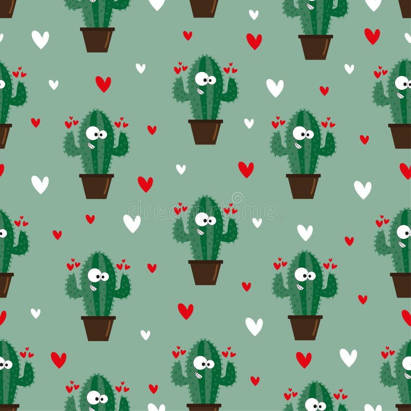 Cactus Pattern - Cute Smiley Cactus and Hearts on Green Backround ...