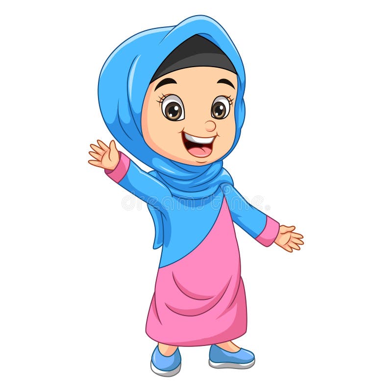 Happy Muslim Girl Cartoon Waving Hand Stock Vector - Illustration of ...