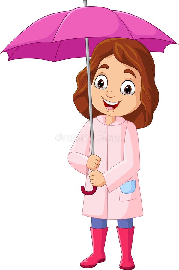 Cartoon Little Girl Holding an Umbrella Stock Vector - Illustration of ...