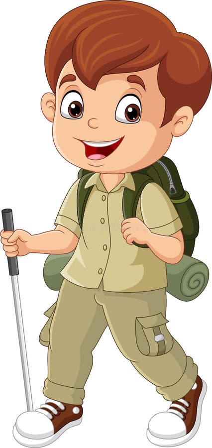 Cartoon explorer boy with walking stick stock illustration
