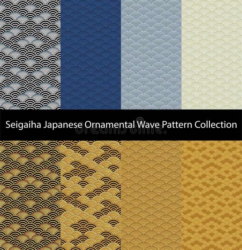 Collection of gold and blue seigaiha Japanese wave pattern. royalty free illustration