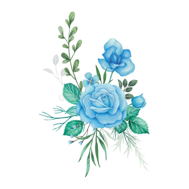 Watercolor flowers bouquet and arrangement with blue roses and green leaves