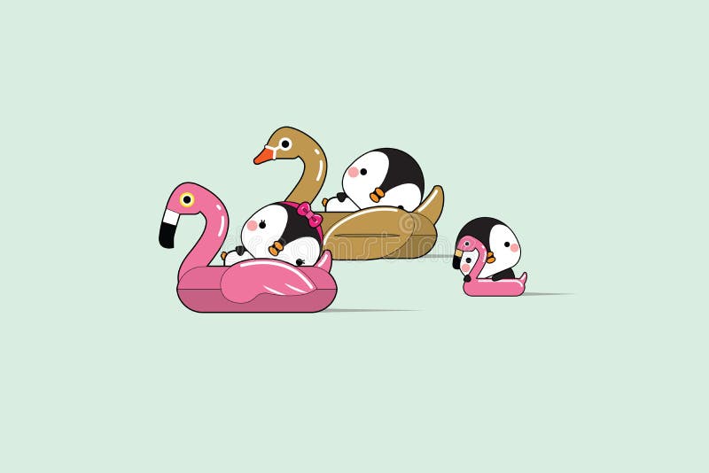 Relaxing cute penguins couple floating in flamingo and swan inflatable swimming pool toy on sea shore at sunny summer day stock illustration