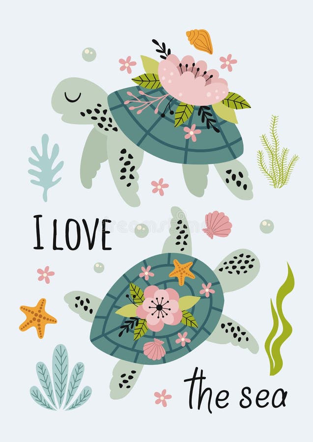 Beautiful Marine Poster with Turtles Stock Vector - Illustration of ...