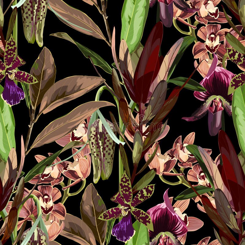 Tropical flower seamless pattern, buds and leaves on black background. royalty free illustration