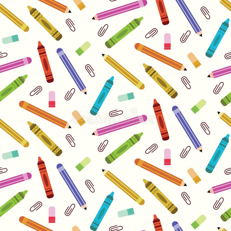 Colorful Crayons, Pencils, Paper Clip and Eraser Seamless Pattern on