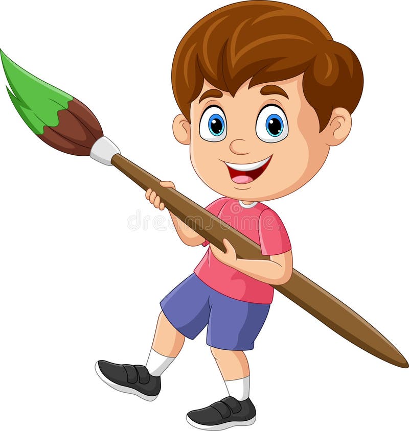 Cartoon Little Boy Holding a Big Paintbrush Stock Vector Illustration of happy, drawing 247606401