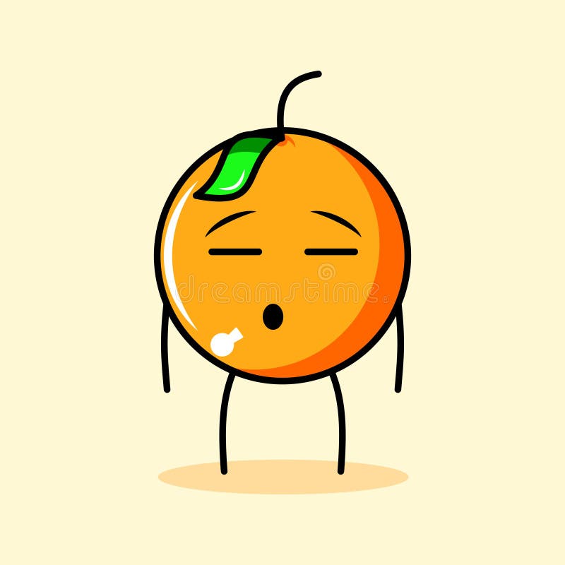 Cute orange character with leaf, flat expression and close eyes vector illustration