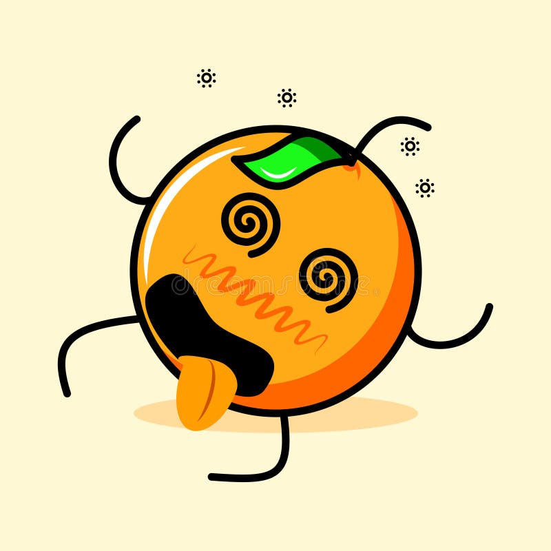 Cute orange character with leaf, dizzy expression, close eyes, mouth sticking out tongue and tired vector illustration
