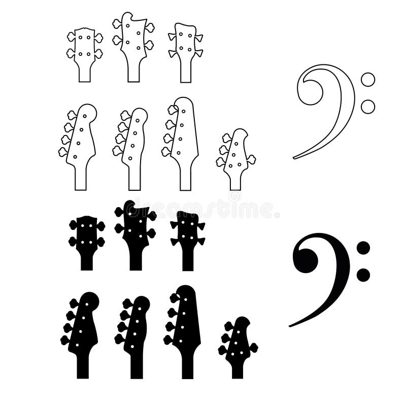Bass Guitars Headstocks and the Bass Clef in Black and White Stock