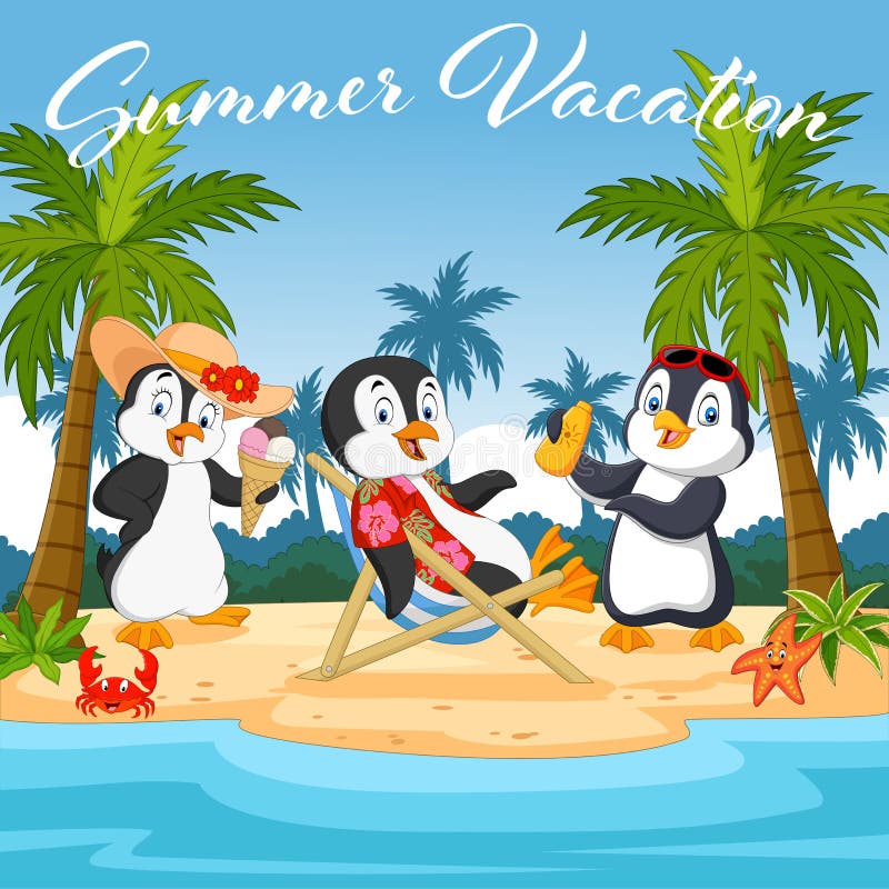Cute Penguins Cartoon on the Beach Stock Vector - Illustration of ...