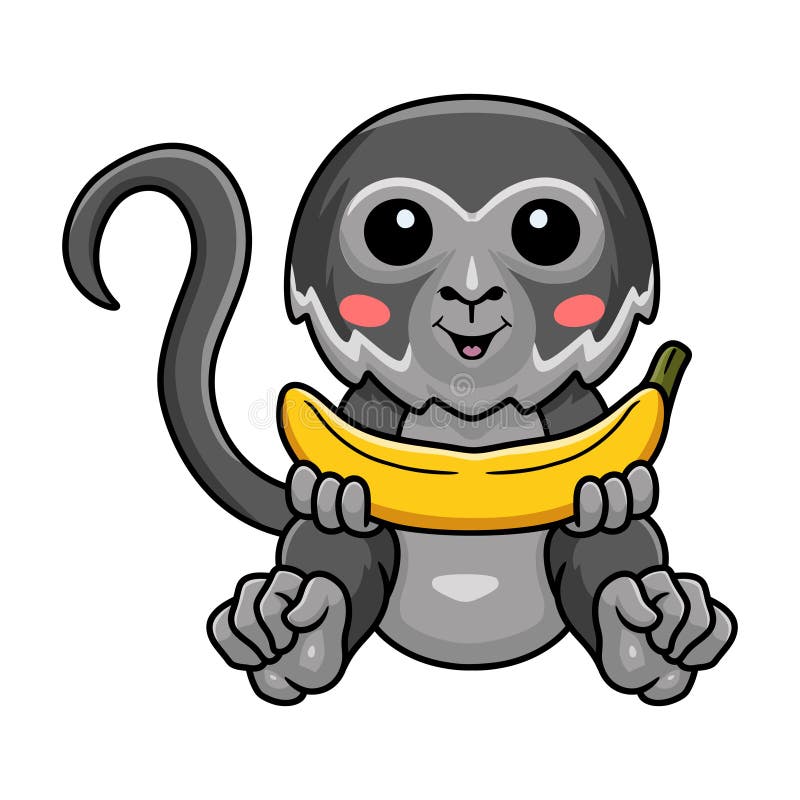 Cute black spider monkey cartoon holding a banana stock illustration