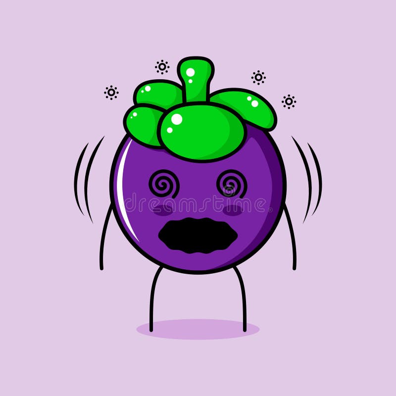 Cute Mangosteen Character with Dizzy Expression and Rolling Eyes Stock