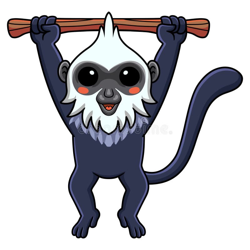 Cute white headed langur cartoon hanging on tree vector illustration