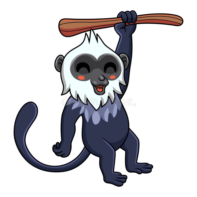 Cute white headed langur cartoon hanging on tree stock illustration