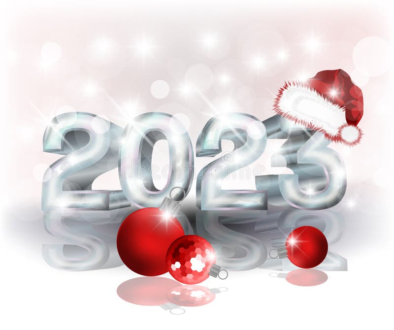 Happy New 2023 Year Background with Santa Claus Hat and Xmas Balls