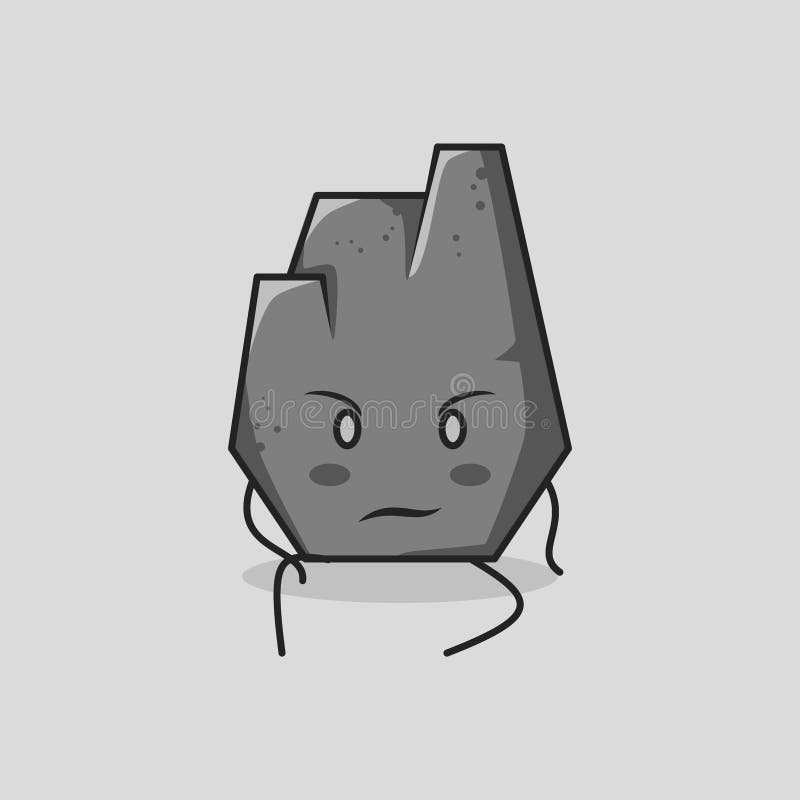 Cute Stone Cartoon with Serious Expression and Sit Down. Grey and Black