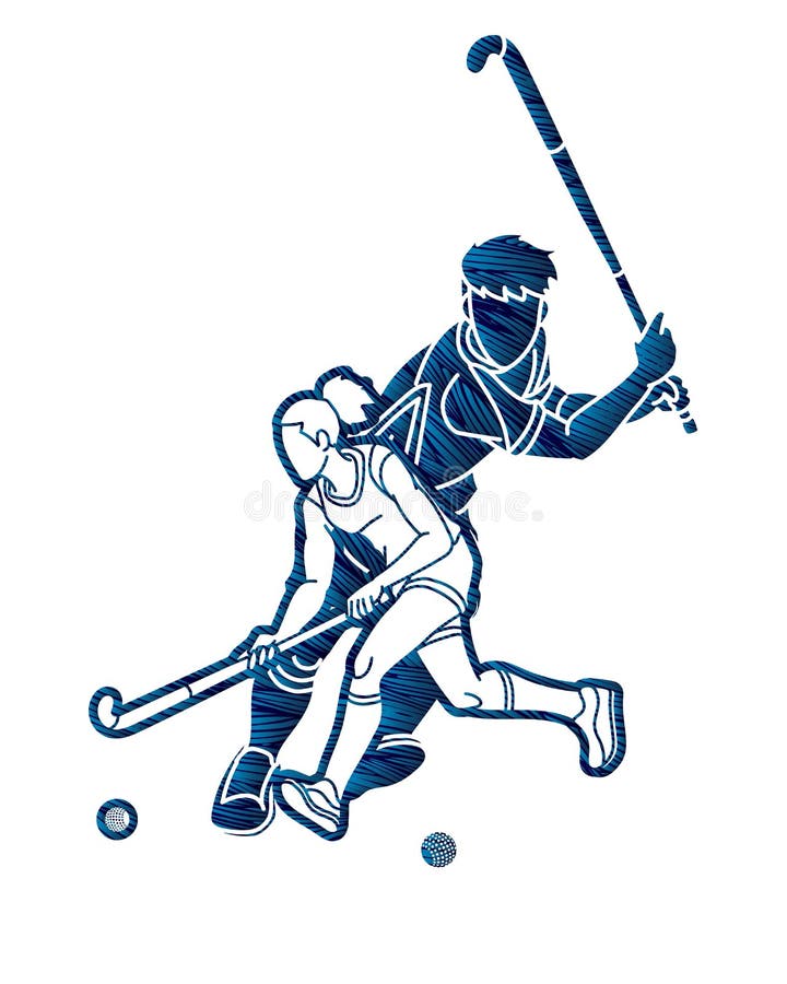 Group of Field Hockey Sport Woman Players Action Cartoon Graphic Vector