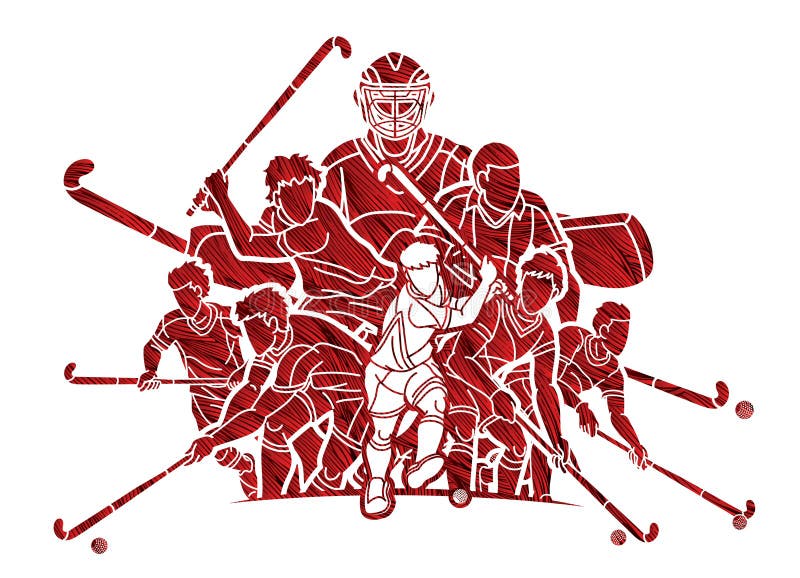 Field Hockey Sport Team Male Players Action Together Cartoon Graphic